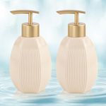Birch & Co. Ceramic Soap Dispenser For Wash Basin - Handwash Dispenser Bottle - Leak-Proof Design With Silver Glossy BPA-Free Pump, Penso, Beige, Pack Of 2,Soapdispenser_Pensocombo_Beigebeige