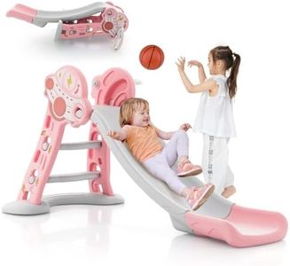 HONEY JOY 3-in-1 Indoor Slide for Kids, Folding Slide Playset with Basketball Hoop & Small Basketball, Safe Buffer Zone, Freestanding Kids Climber & Slide Set for Children Aged Over 18 Months (Pink)