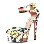 CASTAMERE Womens Stiletto High Platform Heel Round Toe Ankle Strap Pumps Wedding Prom Dress Patent Leather 5.9 Inches Heels Poker Pattern 10 M US