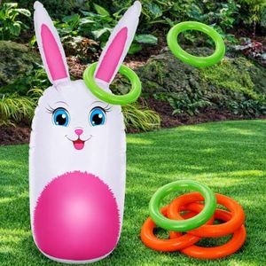 ArtCreativity 34” Easter Bunny Inflatable Ring Toss Game with 6 Rings, Easter Games for Kids - Weighted Bottom to Keep Rabbit Upright - Family Outdoor Easter Party Games for Kids and Adults