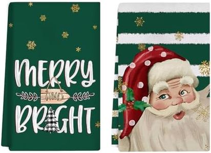 Auomily Nostalgic Santa Merry Christmas Kitchen Towels Set of 2,Green Xmas Dish Hand Towels Holiday Home Indoor Bathroom Party Seasonal Noel Decorations