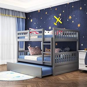 Olela Full Over Full Bunk Bed with Twin Trundle,Convertible Wood Full Bunk Bed Frame with Trundle Guard Rail Ladder for Kids Teens,No Box Spring Need (Gray)