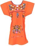 Embroidered Puebla Mexican Dress for Girls, Handmade Traditional Mexican Dress for Girls, Cotton Floral Girls Mexican Dress, Orange, 8 Years