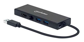 Manhattan USB-A Dock/Hub, Ports (x5): Ethernet, HDMI, USB-A (x2) and VGA, Micro-USB Power Input Port (Optional, only when add power needed. Not required for dual monitor use. Cable not included)