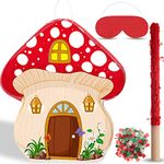 Mushroom Piñata with Stick and Blindfold 3D Mushroom Shaped Piñata for Kids Birthday Party Mushroom Hanging Decoration Piñata for Forest Jungle Woodland Baby Shower Party Supplies