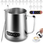 Anpro Milk Frothing Pitcher, 350ml/12oz 304 Stainless Steel Milk Pitcher with Thermometer, Latte Decorating Art Pen and 16Pcs Coffee Stencils, Metal Barista Accessories for Coffee, Latte & Cappuccino