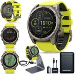 Garmin Fenix 8 Premium Multisport GPS Running Smartwatch, 51 mm, Sapphire | Solar, Dive-Rated, Built-in Flashlight | Titanium with Amp Yellow/Graphite Band with Signature Series Charging Stand