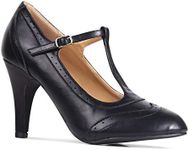 J. Adams Tango Heels for Women - T-Strap Round Toe Retro Oxford Pumps, Black Vegan Leather, 10