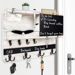 HEKOOLA Farmhouse Key and Mail Holder for Wall Decorative, Rustic Mail and Key Organizer for Wall with Different Hooks, Blackboard, Shelf, Basket, Clips(Pine Wood, Whitewashed)
