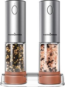 ThermoMaven Electric Salt and Pepper Grinder Set, 2.5 Oz Large Rechargeable Automatic Salt and Pepper Mill Grinder with 6 Adjustable Coarseness, Electric Salt and Pepper Shakers, LED, Coffee Brown