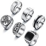 LOLIAS 6 Pcs Stainless Steel Men Rings Silver Matte Finish Polished Signet Rings Band Rings Bottle Opener Rings Celtic Knot Vintage Fidget Ring Engagement Promise Wedding Band Rings