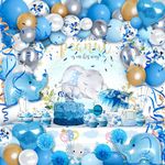 PARTY SPOT! 97PCS Baby Shower Decorations for Boy Blue Elephant Theme Baby Shower Decor with Backdrop, Balloon Garland Elephant Tablecloth for Birthday Gender Reveal Party Supplies (Blue Boy)