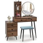 COSTWAY Dressing Table and Stool Set with 3-Color LED Lights Mirror, Drawers, Shelves & Charging Station, Detachable Makeup Vanity Table, Bedroom Cosmetics Dresser Gift (Brown, Round Mirror)