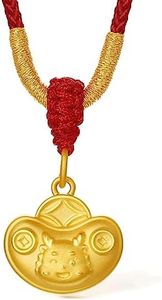 ZHOU LIU FU 24K Solid Gold Pendant for Women, Real Pure Gold Jewelry Accessory Exquisite Lucky Fortune Ingot Pendant for Men Girlfriend Boyfriend Lover Gifts(With A Red Rop Necklace)