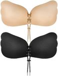 Sticky Bra, Backless Strapless Bra Push Up, Adhesive Invisible Lift Up Bras 2 Pairs, Black/Beige, D