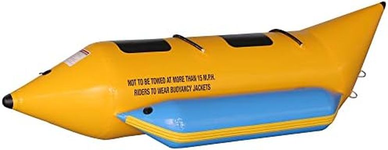 SereneLife Inflatable Floating Banana Boat, Towable Tube for Boating, 2 Riders, Includes Storage Bag, Food Pump, and Repair Kit