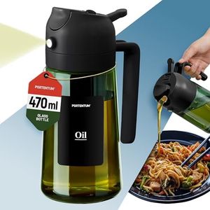 PORTENTUM Olive oil spray bottle for cooking 16oz/470ml 2 in 1 spray and pour function – Anti drip green glass bottle dispenser with light protection – Multilingual labels – Air fryer salads grilling