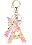 riKRishnaya Artworks All A-Z Heart Glitter Resin Handmade Keychain with Butterfly, Tassel Charm, Golden Lobester Clasp for Girls Boys Car Bag Purse gift (Pink A)