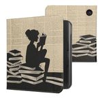 kwmobile Case Compatible with Kobo Libra Colour Case - PU Cover w/Strap - Girl and Books Black/Beige