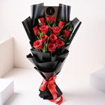 FlowerAura Fresh Flower Bouquet Gift 12 Red Roses With Black Chinese Paper Valentine's Day Gift's For Girlfriend, Boyfriend, Husband & Wife, Anniversary, Birthday, (Same Day Delivery) (Set 12, Red)