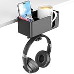 KDD 4-in-1 Desk Cup Holder with Headphone Hanger - Under Desk Headphone Hook with 2 Wire Holes - Rotating Headphone Hanger and Detachable Desk Storage for Cup, Phone and Pen (Black)