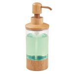 InterDesign Bamboo/Plastic Liquid Soap Dispenser for Bathroom or Kitchen, Refillable Bottle Dispenser with Rustproof Brushed Finish Wooden Pump for Essential Oil, Lotion, Dish Soap Holder