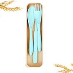 Rusabl Wheat Straw Cutlery Set, Portable Fork, Knife and Spoon Set with Travel Case for School, Easy to Carry, Reusable, Light Weight, Eco-Friendly & Dishwasher Safe (Aqua Green)