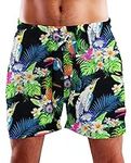 King Kameha Funky Hawaiian Board-Shorts Trunks Swim-Pants, Parrot Cockatoo, Black, L