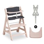 hauck Beta+, Whitewashed - Wooden High Chair Set from 6 Months to 90 kg - with Wheels, Seat Cushion, Wooden Tray & Bumper Bar, 5 Point Harness & Crotch Strap - Made from FSC Certified Beechwood