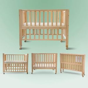 Flwrgirl Foldable Mini Baby Crib - Portable 4-in-1 Convertible Baby Cribs,Pine Wood Bedside Bassinet,3 Heights Bassinet Bedside Sleeper with A Sponge Mattress,Wheeled,Unpainted