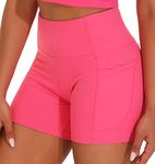 THE GYM PEOPLE High Waist Women’s Running Shorts with Side Pockets Tummy Control Workout Athletic Yoga Shorts Bright Pink