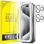 JETech Screen Protector for iPhone 15 Pro 6.1-Inch with Camera Lens Protector, Easy Installation Tool, Tempered Glass Film, HD Clear, 2-Pack Each