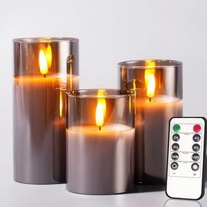 Glass Battery Operated LED Flameless Candles with Remote and Timer, Real Wax Candles Warm Color Flickering Light for Festival Wedding Home Party Decor(Pack of 3)-Grey