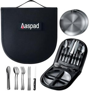 Aaspad Picnic Cutlery Kit with Portable Case Camping Essentials Silverware Set Travel Utensils Outdoor Tableware Stainless Steel Flatware with Forks,Spoons,Serrated Knife,Food Clip,Plates (Black)