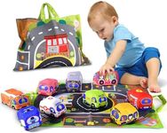 Adpartner Soft Car Toys for 1 Year Old Boy with Playmat/Storage Bag, 9PCS Cloth Stuffed Car Vehicle Toys Set with Play Mat Baby Toys for 6+ Months Babies Infants, 1st Birthday Gifts for Toddlers Kids