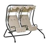 Outsunny Luxury Patio Swing Metal Outdoor Porch Swing Chair 2 Separated Seater Hammock Heavy-Duty with Canopy and Cushions, Beige