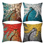 HOSTECCO Oil Painting Throw Pillow Covers 16x16 inches Set of 4 Plant Tree Leaves Pillow Cases Square Decorative Cushion Covers for Sofa Couch