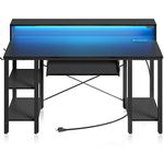 Rolanstar Computer Desk 55 inch with LED Lights & Power Outlets, Carbon Fiber Surface Black Desk with Storage Shelves, Home Office Desk with Keyboard Tray & Monitor Stand, Work Desk for Home Office