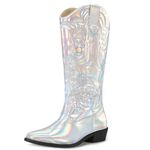 mysoft Women's Cowboy Boots Mid Calf Cowgirl Boots Embroidered Western Pointed Toe Chunky Heel Pull On Knee High Boots, Metallic Iridescent Silver, 7.5