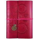 Leather Journal Notebook, Refillable Notebook with Lined Pages Vintage Writing Travelers Notebook Spiral Bound Journal, Gift for Men and Women Classic Embossed Retro Pendants 23x16.5cm（A5, Rose Red)