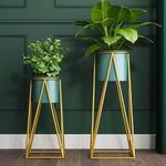 AMASS HANDICRAFTS Planters for Indoor - Outdoor Plants & Modern Metal Floor Tall Plant Stand for Garden, Balcony & Living Room & Mid Century Plant Stands with Pots Set of 2 Flower Pots (Green)