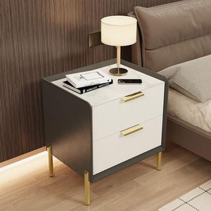 Large Bedside Table with 2 Drawers : Sintered Stone White Marble Texture Tabletop Nightstand with Storage Drawer Silent Damping Slide Solid Wood Drawer Golden Metal Legs Luxury Furniture