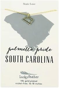 Lucky Feather South Carolina Shaped State Necklace, 14K Gold-Dipped Pendant on Adjustable 16”-18” Chain