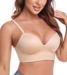 HACI Women's T Shirt Bra V Neck Full-Coverage Bra Padded(Beige,34D)