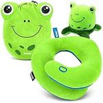 BCOZZY Kids Chin Supporting Travel Pillow for 3-7 Y/O- Stops the Head from Falling Forward- Comfortable Road Trip Essential. Soft, Washable, Small Size, Green, Frog Bag and Frog Moodizz