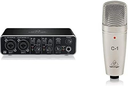 Behringer U-Phoria Umc202Hd Interface De Audio/Midi Usb + C-1 Micrófono De Condensador (De Estudio, Xlr, 100 Ω, 40 Hz 20 Khz), Color Dorado