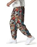 LVCBL Mens Lounge Trousers Cotton Linen Trouser Summer Lightweight Drawstring Print Beach Pant Multicolor L