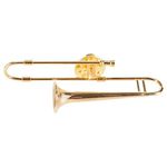 Broadway Gift Co. Miniature Goldtone Trombone 3 Inch Brass Fashion Lapel Brooch Pin with Red Velvet Lined Instrument Case