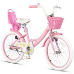 Glerc Maggie 20 Inch Girls Bike Ages 7 8 9 10 11 12 13 Years Old Kids Bicycle Princess Style with Doll-Seat & Basket & Kickstand & Bell for Birthday, Pink and White