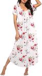 Ekouaer Long Nightgowns for Women Soft House Dress Pleated Front Nightshirt Full Length Loungwear White Red Flowers L